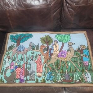 Multicolor Camel Scene Thin Mat Or Rug Tapestry Vintage Made In Pakistan